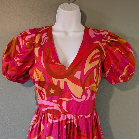 Pink Printed Puff Sleeve Maxi Dress V-neck Empire waist full Skirt NWT Size XS - Picture 2 of 7